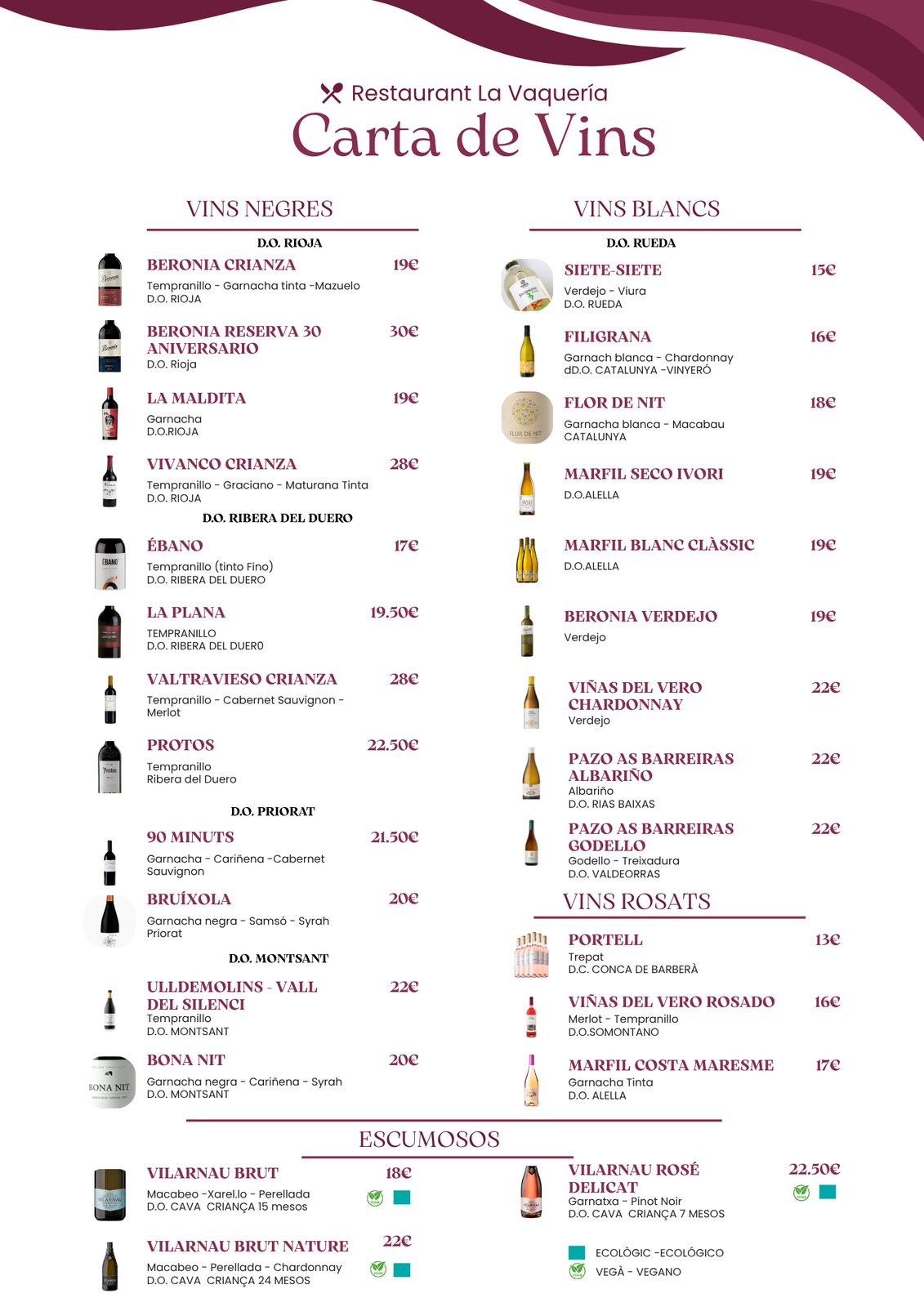 Carta de Vinos La Vaquería